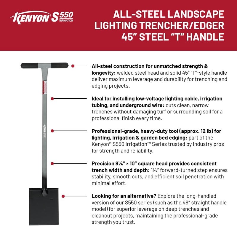 Kenyon S550 Irrigation All-Steel Landscape Lighting Trencher/Edger, 45" Steel "T" Handle - Image 1